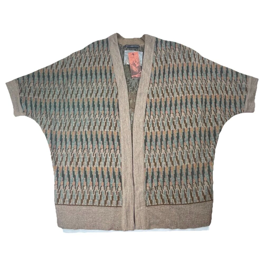 Peruvian Connection Taupe and Teal Patterned Open-Front Cardigan